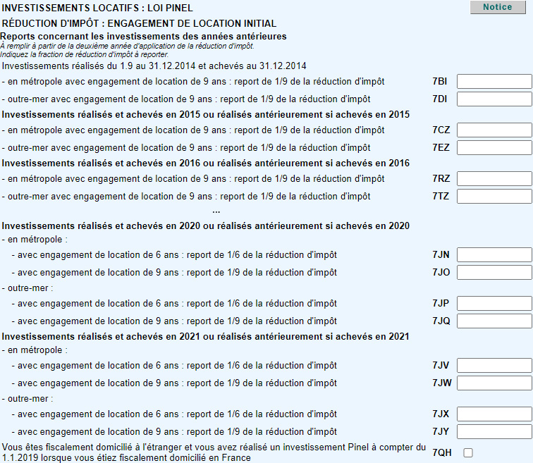 Déclaration investissement Pinel précédent, réduction d'impôt